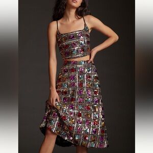 Sequined Multi-Color Grid Crop Top & Skirt Set